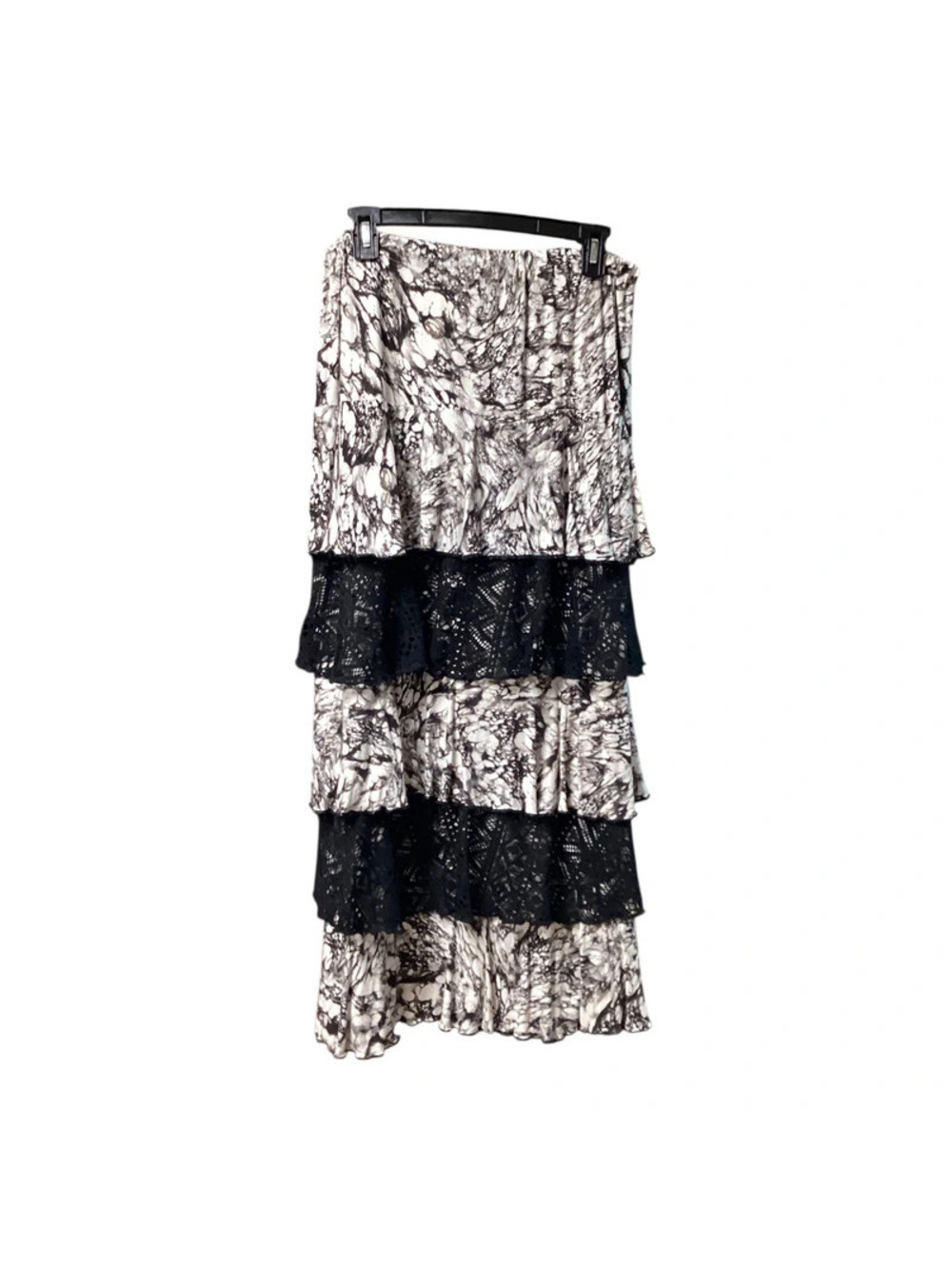 Women's Long Ruffled Tier Skirt Sz Large Geometric Black/White EUC